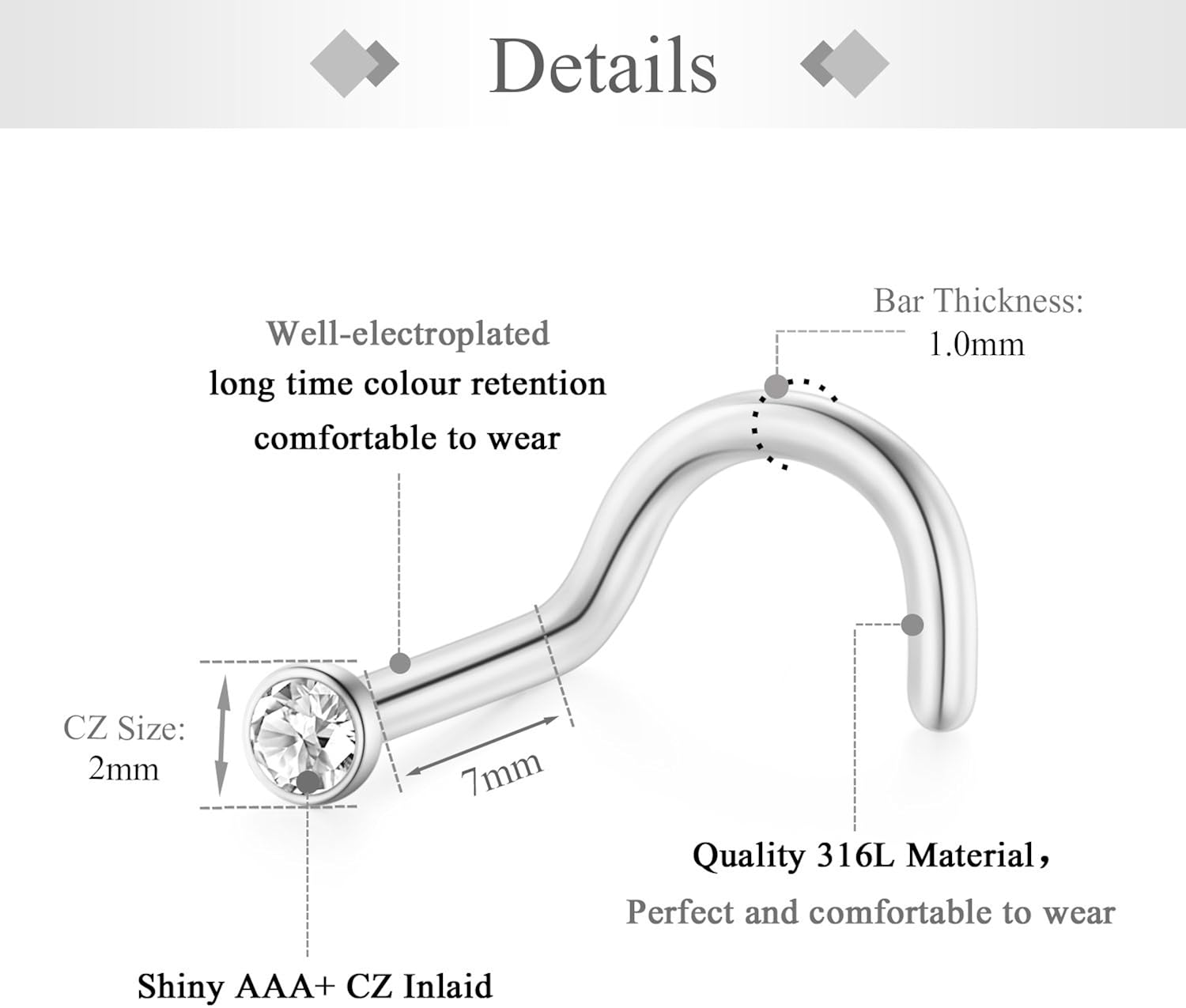 Zolure Surgical Steel 18 Gauge Nose Hoop Rings Nose Pin Bone Stud L Shape Nose Screw Piercing