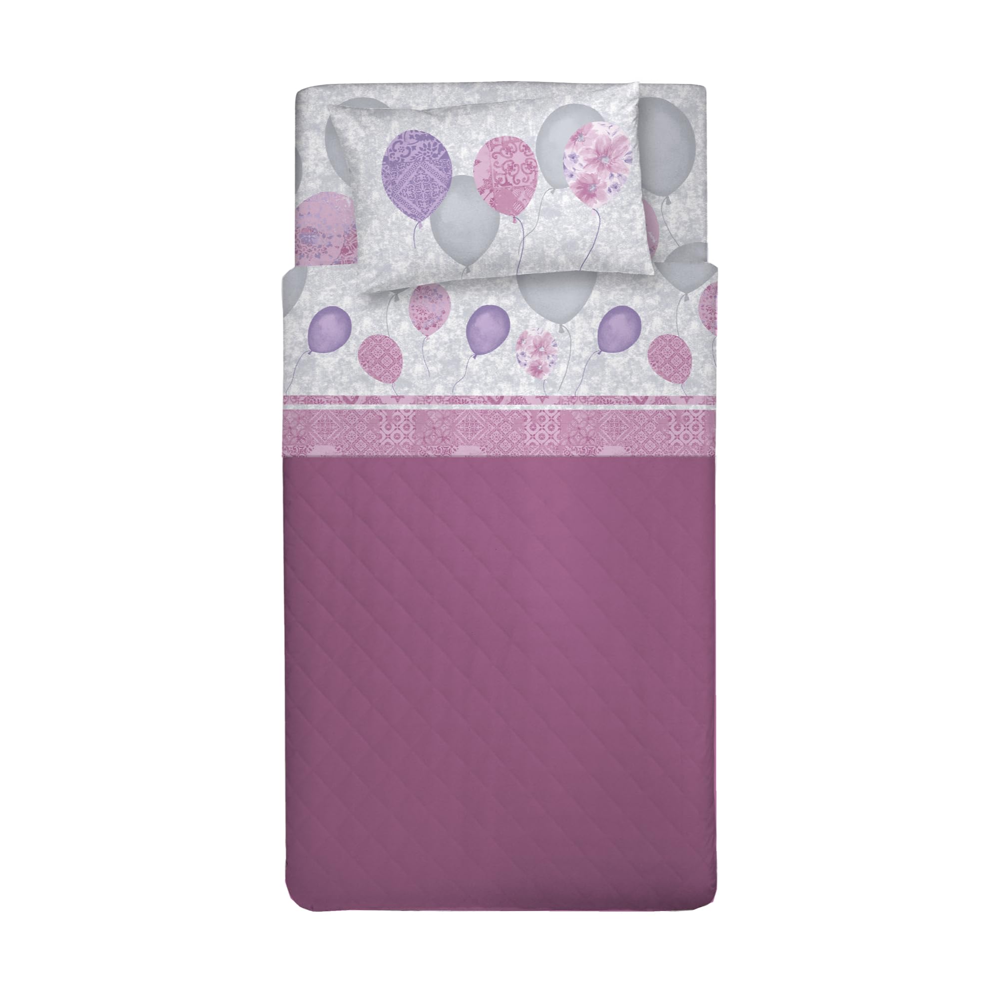 PENSIERI DELICATI 3/4 Bed Sheet Set, 100% Cotton, King (European), 120 x 200 cm, Includes Bottom Sheet, Top Sheet and 1 Pillowcase, Pink Balloons Pattern — image 1