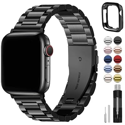 Fullmosa Band Compatible with Apple Watch 44mm 45mm 42mm, Stainless Steel iWatch Band for Apple Watch Se 2 Series 9/8/7/6/5/4/3/2/1(Black, 42mm/44mm/45mm)