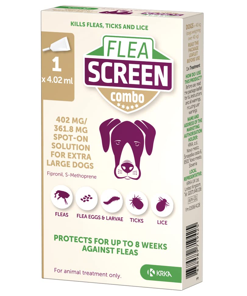 Flea Screen Combo Extra Large Dogs, 1 Pipette - Spot-On Flea Treatment for Extra Large Dogs (40-60kg Body Weight) - Kills Fleas, Flea Eggs, Ticks - Provides Up to 8 Weeks Protection