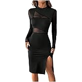 Floerns Women's Contrast Mesh Long Sleeve Bodycon Dress Slit Hem Mock Neck Pencil Dress