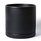 D'vine Dev 12 Inch Ceramic Planter Pot with Drainage Hole and Saucer, Indoor Cylinder Round Planter Pot, Black, 94-O-F-2