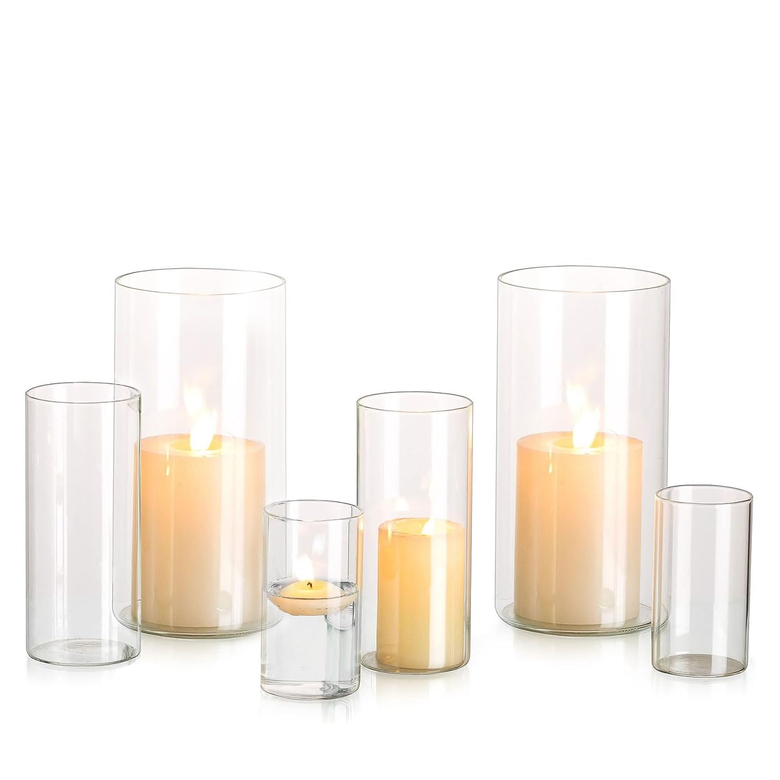Hurricane Candle Holder Glass Cylinder: Set of 2 (6Pcs) Flower Vase for Tea Light Votive Pillar Floating Candles Dining Table Decorations Wedding Centrepieces Living Room Christmas Ornaments (S+M+L)