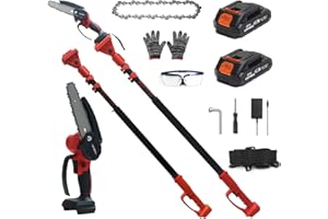 LOFINKU 2-in-1 Cordless Pole Saw & Mini Chainsaw with 2 Batteries for Tree Trimming RED
