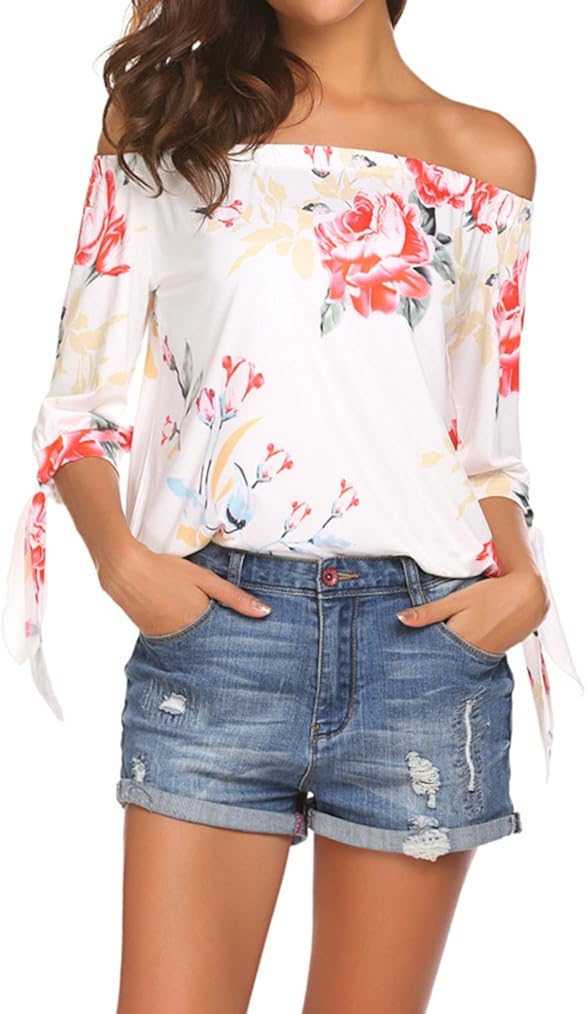 Qearal Women Off Shoulder Blouses 3/4 Sleeve Floral Print Tops at