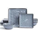 Famiware Dinnerware Sets for 4, Ocean Square 12-Piece Kitchen Plates and Bowls Sets, Reactive Glaze, Microwave and Dishwasher Safe, Scratch Resistant, Blue