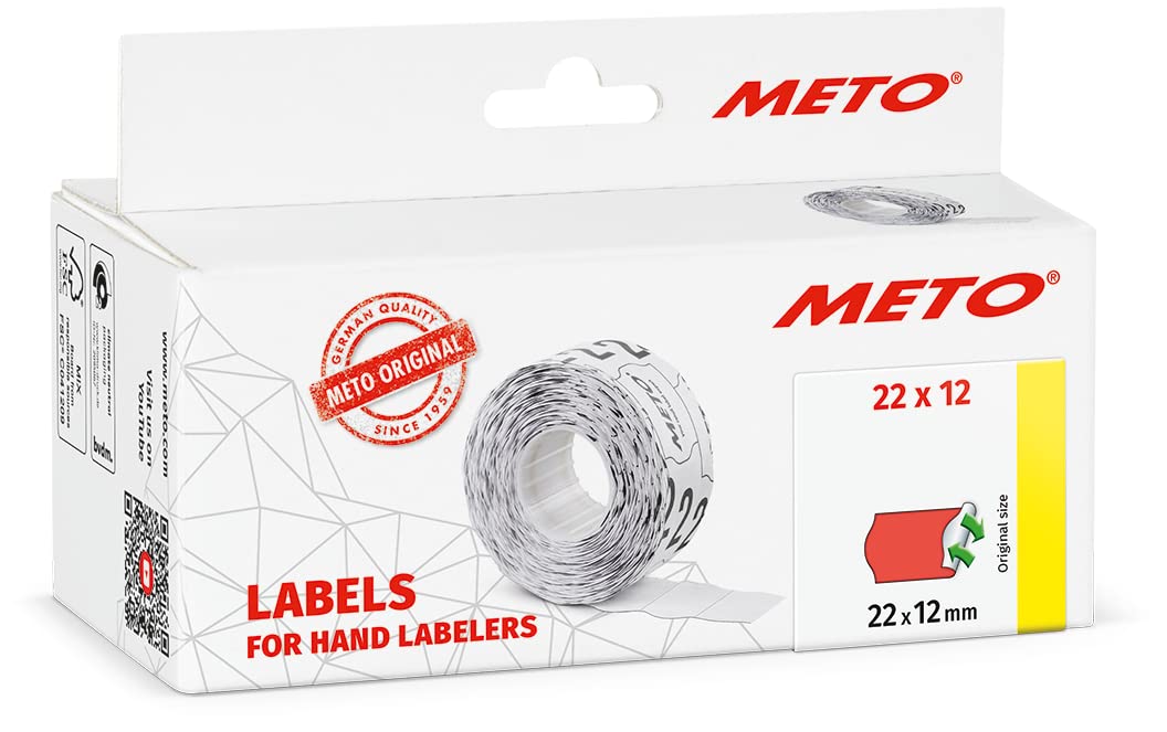 Meto Labels for Hand Labelers (22×12 mm, Single-line, 6,000 Labels, Fluorescent red, Removable, for Meto, Contact, Sato, Avery, Tovel, etc.)