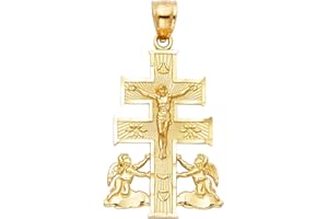 TGDJ 14K Yellow Gold Religious Cross of Caravaca Pendant - Crucifix Charm Polish Finish - Handmade Spiritual Symbol - Fine Jewelry - Unisex - 27 x 19 mm, 2.1 gms