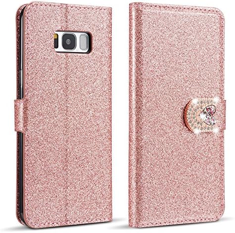 ZCDAYE Case for Samsung Galaxy A7 2018,Bling Glitter [Magnetic Closure] PU Leather Flip Wallet [Love Diamond Buckle][Card Slots] Stand Cover for Samsung Galaxy A7 2018 - Rose Gold