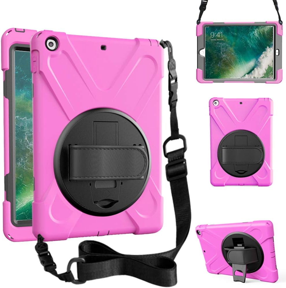 ZenRich iPad 5th/6th Generation Case, iPad 9.7 Case 2017/2018 with Rotatable Kickstand,Hand Strap and Shoulder Strap zenrich Heavy Duty Shockproof Case for A1822/A1823/A1893/A1954 Pink