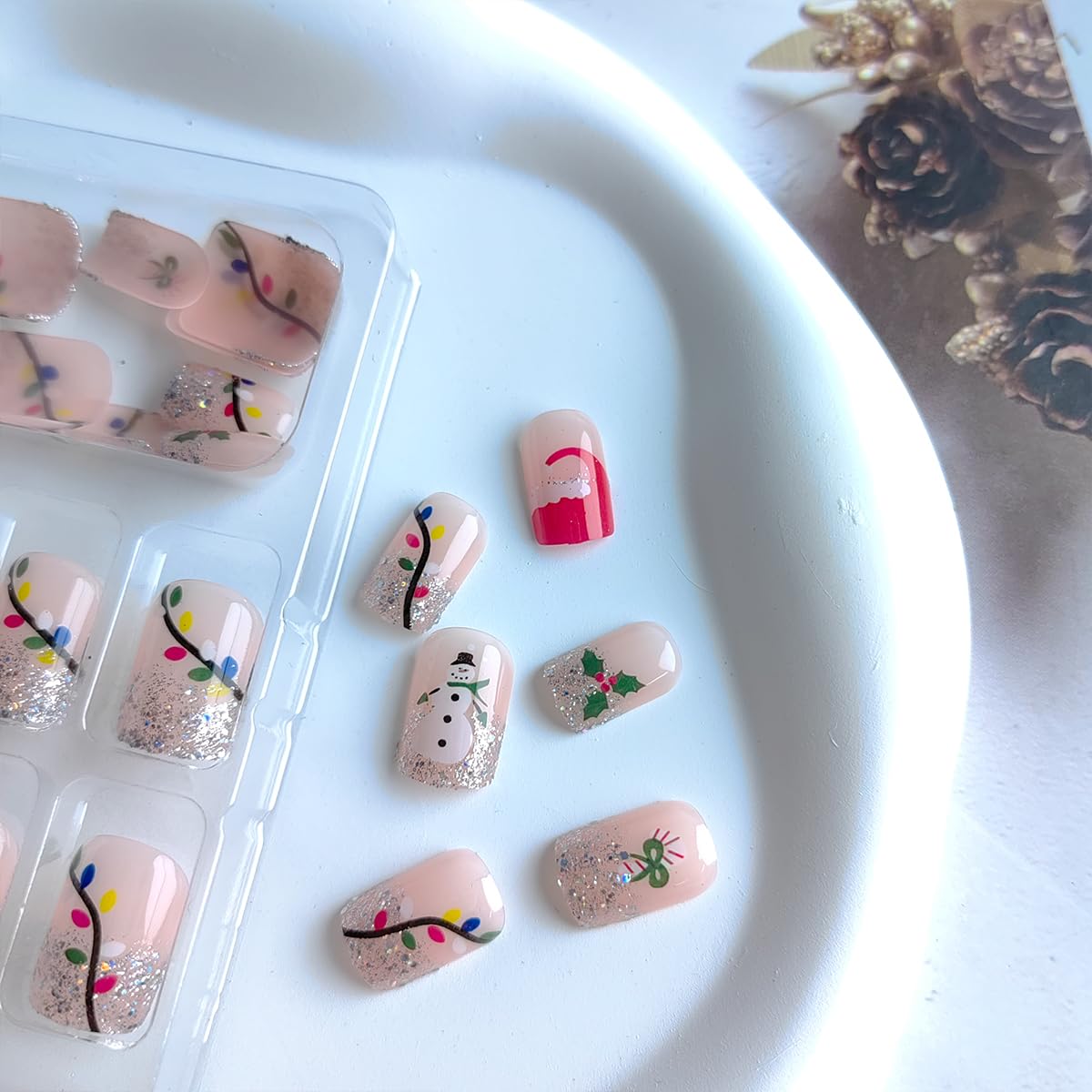 24Pcs Christmas Glitter Silver French Tip Press on Nails - Short Square False Christmas Press ons Coloured Light Xmas Hat Full Cover Fake Snowman Glue on for Winter Acrylic - Image 4