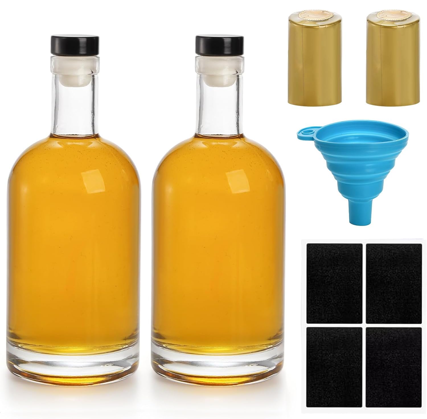 Hacaroa 2 Pack 750ml (25oz) Heavy Base Glass Liquor Bottles with Black T-Top Cap, Airtight Seal for Vodka, Whiskey, Homebrewing, Infused Spirits, Craft Cocktails, Syrups