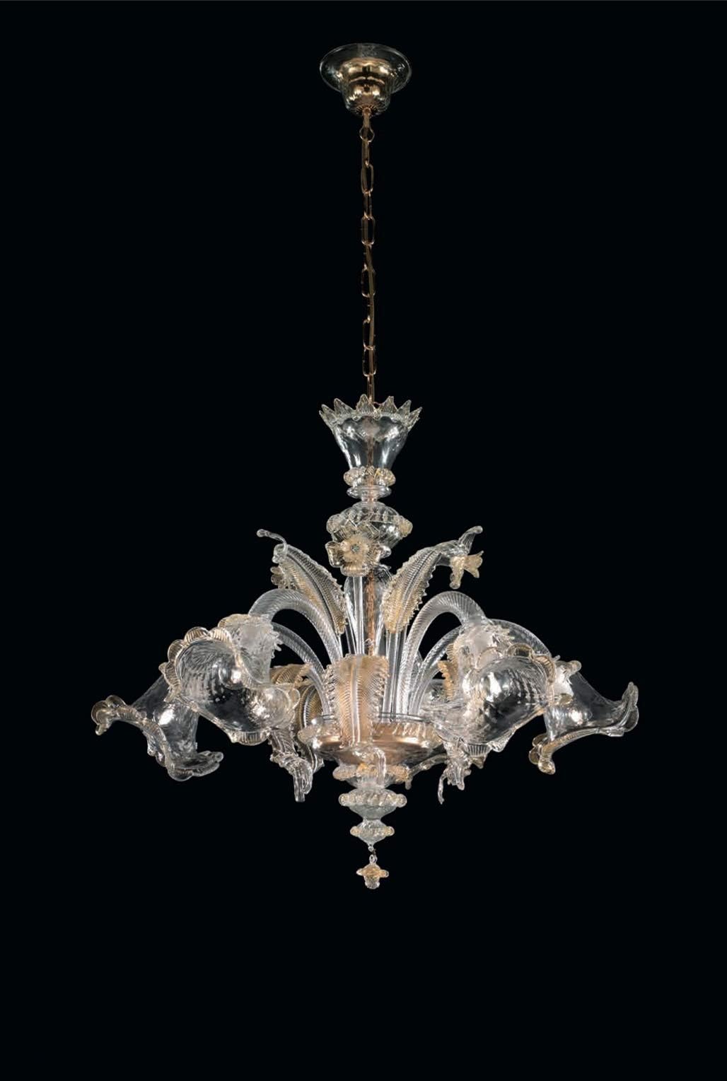 Darwin Murano Glass Chandelier 6 Lights. Crystal Gold Color. Energy Class"A". Original Italy Venice