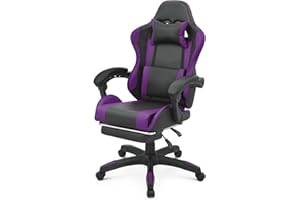 Athena Collection Ergonomic Gaming Chair with Footrest & Headrest Lumbar Support, Height Adjustable Swivel Office Chair Leather High Back Computer Desk Chair Reclining Chair for Adults Kids, Purple