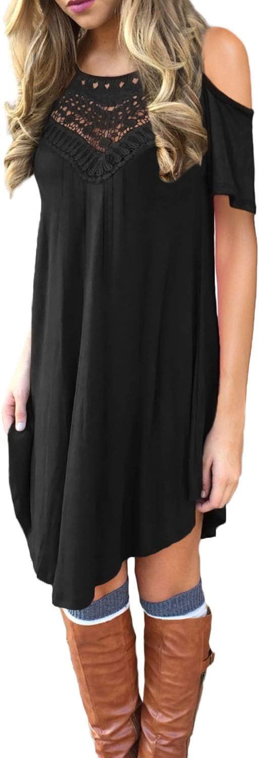 Lovezesent Womens Short Sleeve Cold Shoulder Lace Crochet Swing Shirt Dress