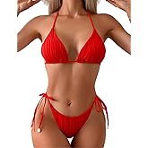 Tainehs Ribbed 2 Piece Bikini Sets for Women Sexy Halter Triangle Top Swimsuit String Thong Bathing Suit Red
