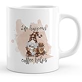 WFSM Funny Gnome Mug, Life Happens Coffee Helps Funny Ceramic Mugs, Gifts for Coffer Lovers Caffeine Enthusiast, Gnome Gifts for Women Tea Mug 11oz