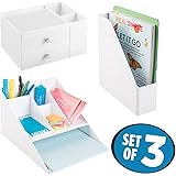 mDesign File Folder/Notebook Organizer, Desk Organizer with Paper Tray, Drawer Organizer - Set of 3, White