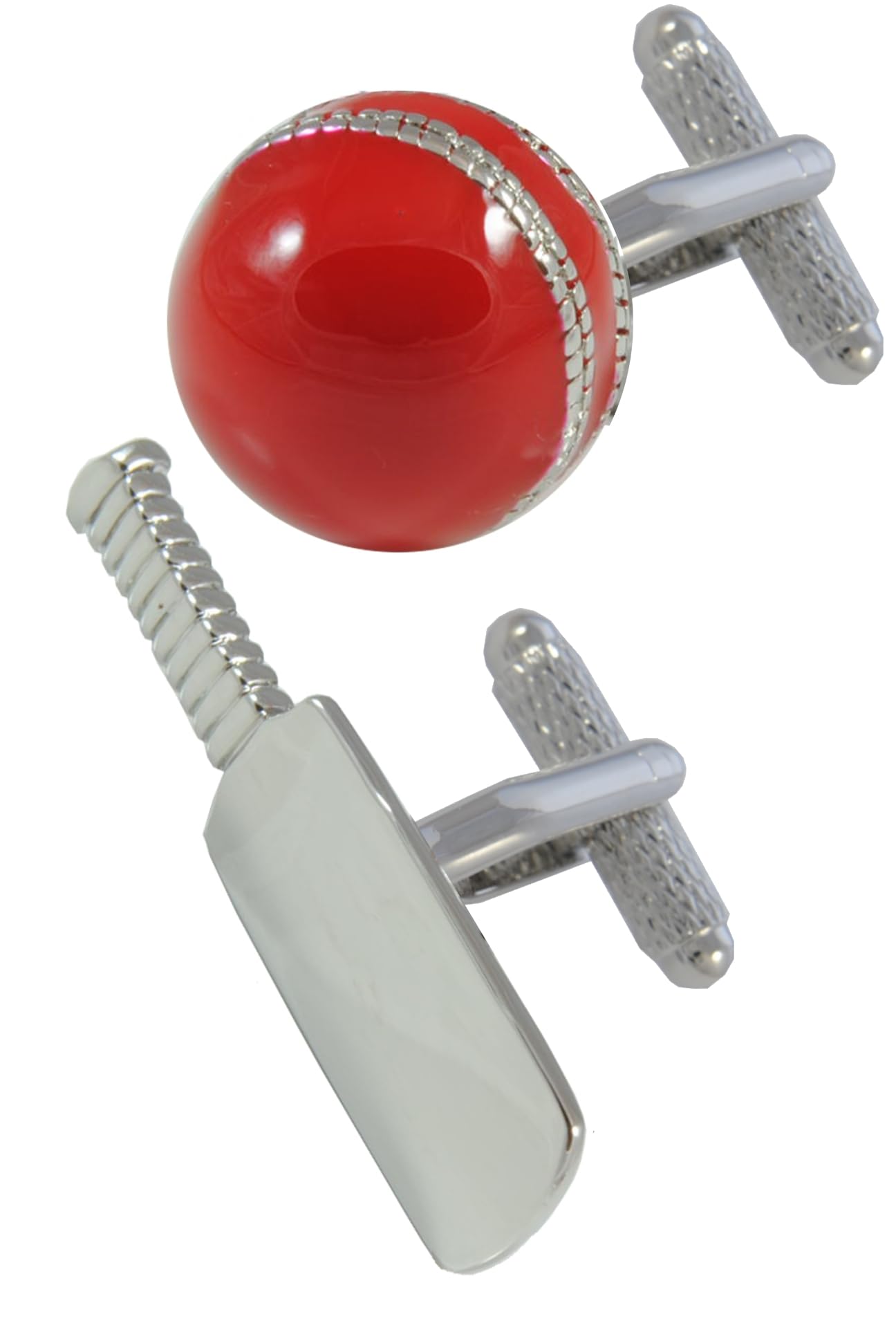 Cufflinks for Men + Presentation Box - Cricket - Cricket Bat and Ball - Brass Metal - Field Pitch Wicket Captain Umpire - Silver and Red Colour - One Pair