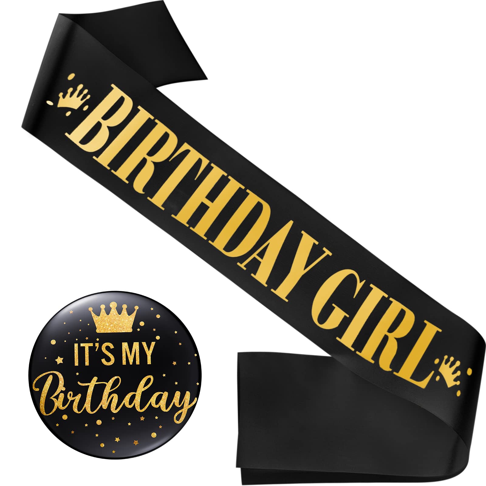 Yaomiao Birthday Sash for Women Birthday Sash Party Decorations and It's My Button Glittery Metal Pin Its My Pin Badge for Party Decoration(Black Gold)