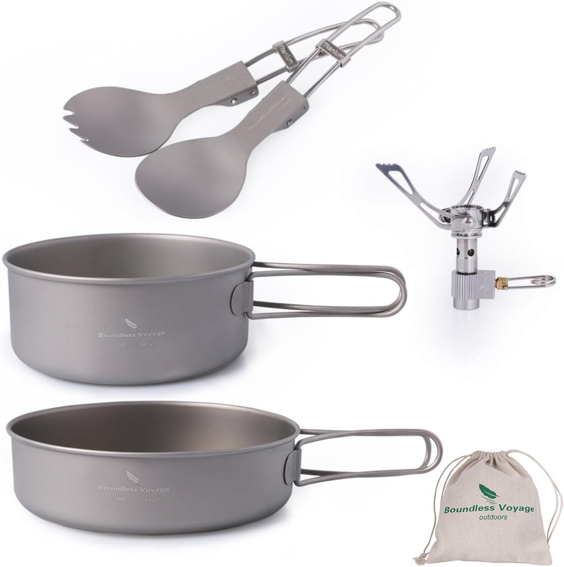 Boundless Voyage Outdoor Ultralight Titanium Pot Pan Spoon Spork Stove Set Camping Hiking Cooking Set With Folding Handle