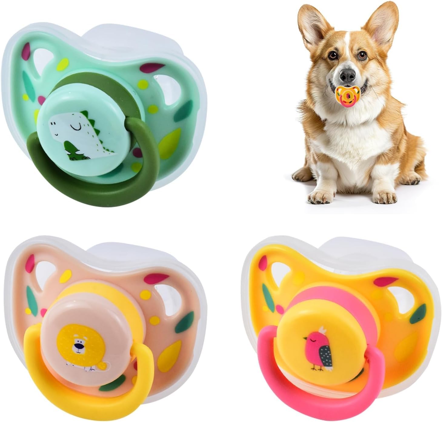 LALASTYLE 3PCS Pet Dog Cat Silicone Pacifier, Pet Puppy Kitten Chew Toy, Pacifier for Small Animal, Dogs Cats Accessories Decoration (Pink Yellow Green)