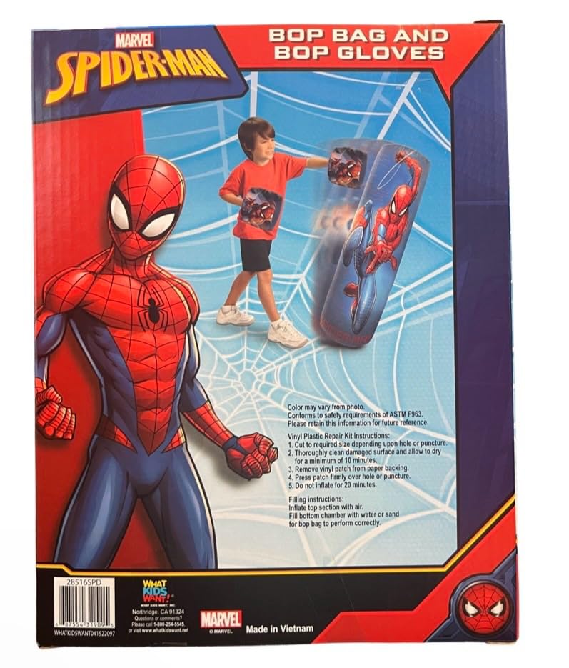 Spiderman Spider-Man Inflatable Bop Bag & Bop Gloves Set Kids Punching Bag with Gloves, Freestanding Superhero Blow Up Bouncing Boxing Bag for Exercise, Durable Heavy Duty Indoor and Outdoor - 34.5