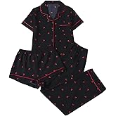 BEAUDRM Women's 3 Piece Pajama Sets Cherry Graphic Short Sleeve Button Down Shirt and Shorts Pants Set Loungewear Pj Sets