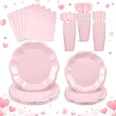 175 Pcs Pink Plates and Napkins Set, 25 Guest Pink Party Supplies Include Scalloped Plate Napkin Cup Forks Knives Valentine's Day Plastic Cutlery for Anniversay Wedding Baby Shower Birthday Party