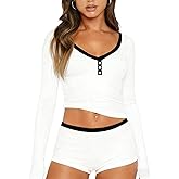 Dressmine Cute Pjs Pajama Sets for Women Sexy 2 Piece Valentines Pajamas Lounge Sleep Set Long Sleeve Shorts Sleepwear
