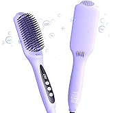 LANDOT Hair Straightener Brush for Damaged Hair - Keratin & Argan Oil Coated Bristles, Ionic Ceramic Straightening Brush to Reduce Frizz & Nourish Hair, Dual Voltage, 12 Temp 250-450F, Purple