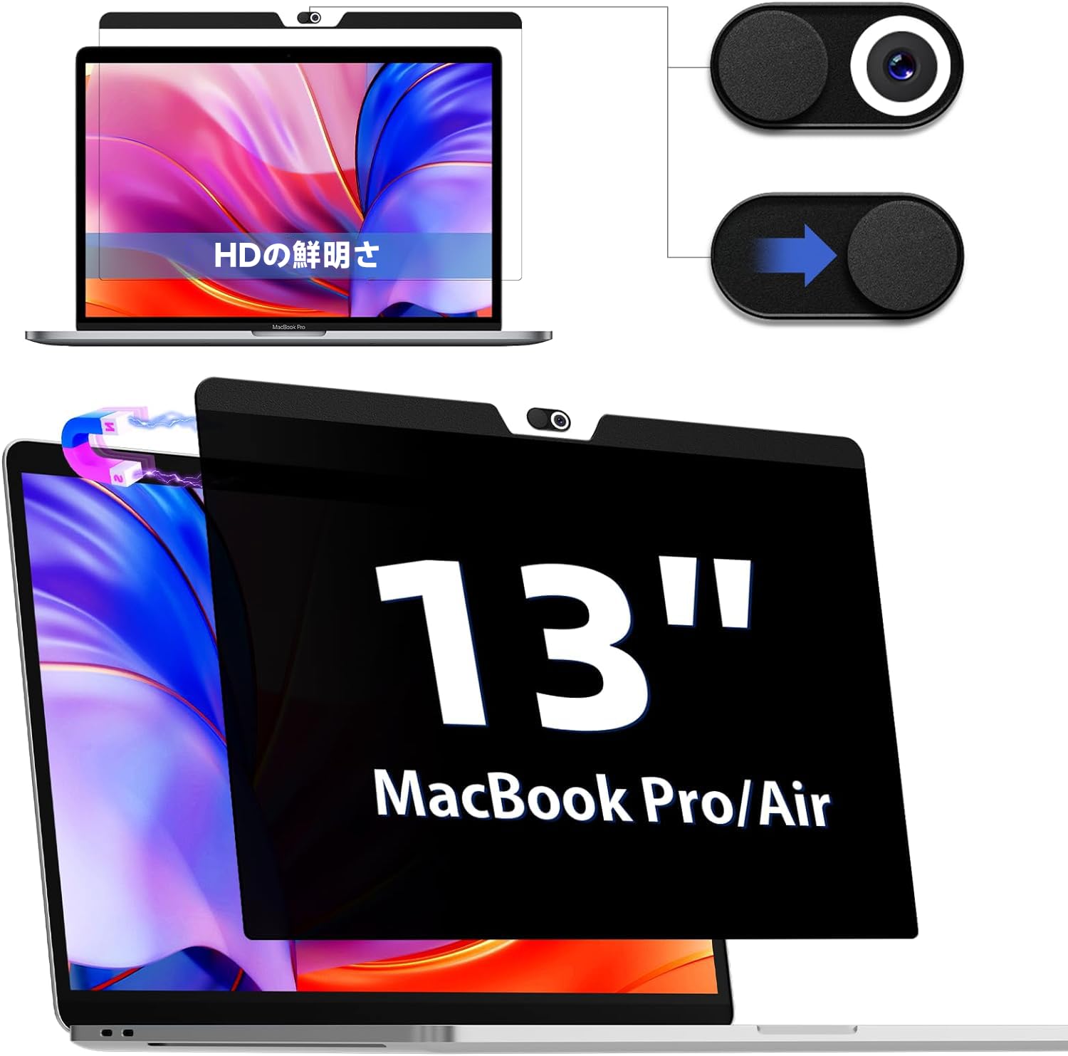 Compatible with MacBook air 13 / MacBook pro 13, IPROKKO Anti-Peeping Filter, Magnetic Privacy Film with Camera Cover, Anti-Blue Light Anti-Glare, Double Sided Use, IPROKKO