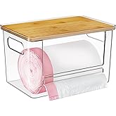 Acrylic Trash Bag Dispenser & Garbage Bag Organizer with Bamboo Top - Under Sink Organizer for Kitchen, Pantry, Laundry Room 