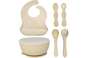 HippoBaby 6 Piece Baby Bowls With Suction and Lids | Toddler Bowl Set with 1 Bowl, 1 Bib, 2 Baby Spoons, 1 Large Spoon, 1 Large Fork, Baby Feeding Essentials (1, Cream)