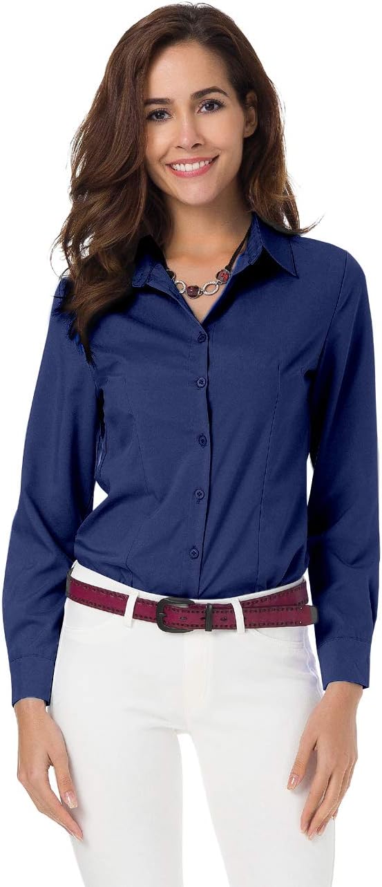 Atnlewhi Womens Basic Long Sleeve Button Down Shirts Simple Pullover Stretch Formal Casual Shirt