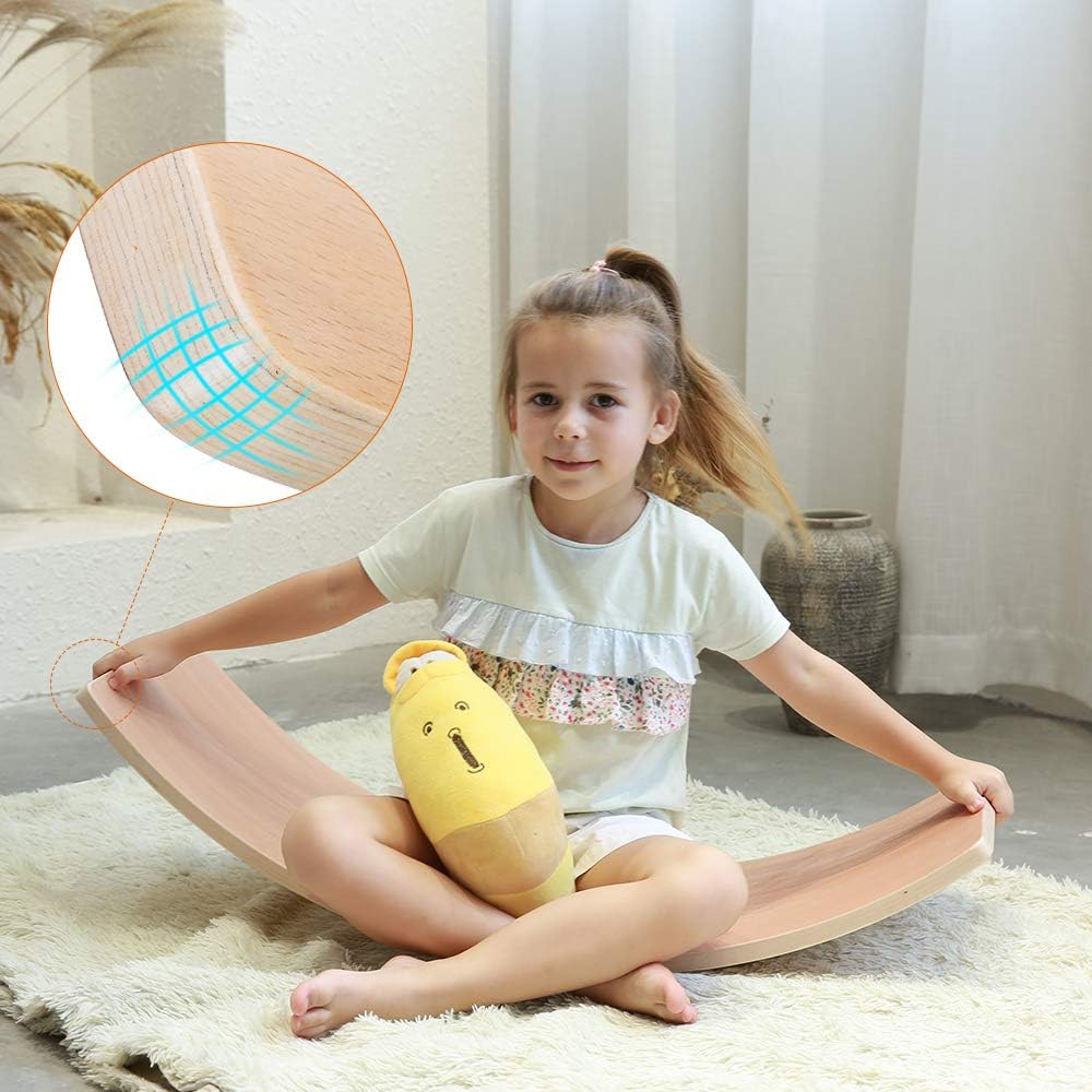 HAJACK Wooden Balance Board, Wobbel Curvy Board for Kids&Adults, Natural Wood Rocker Board, Great Kids Learning Toy for Body Training , Exercise and Physical Therapy for Home &Classroom（35 Inch Size）: Toys & Games