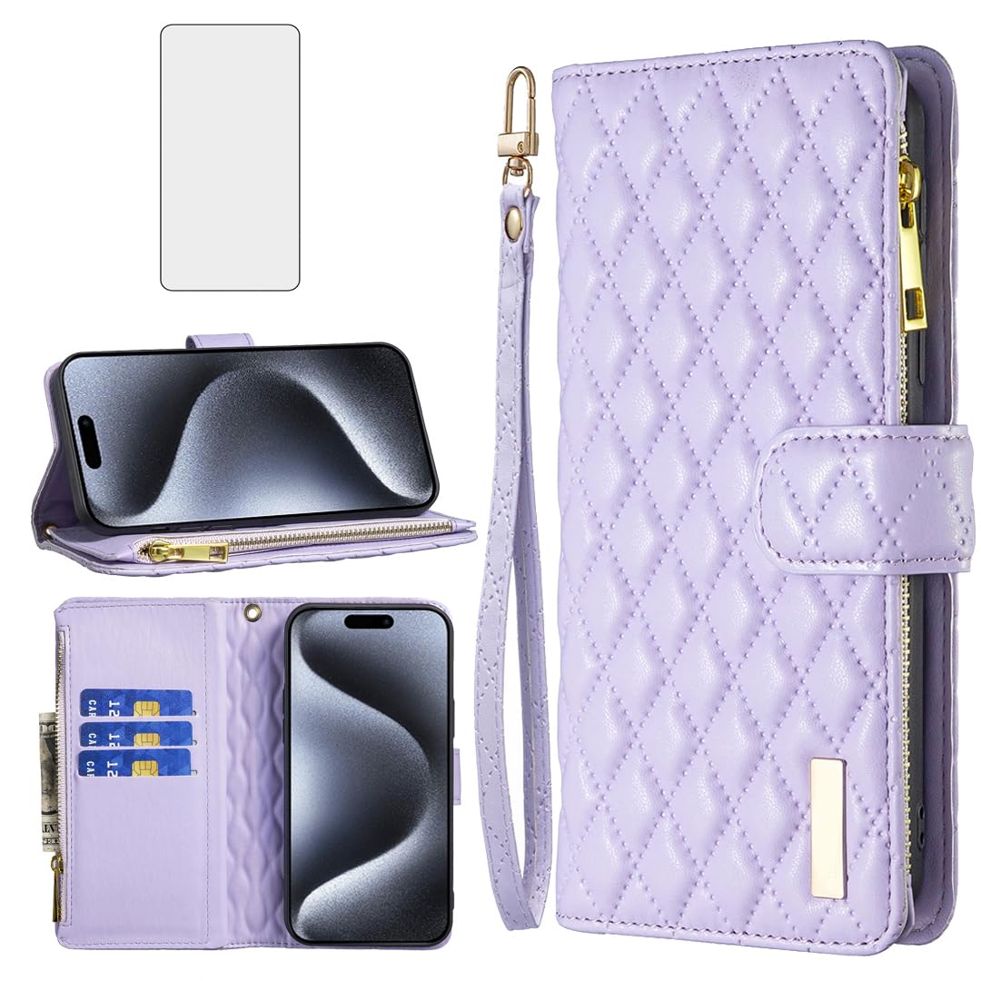 Asuwish Phone Case for iPhone 15 6.1 inch Wallet Cover with Tempered Glass Screen Protector and Leather Flip Credit Card Holder Cell Accessories iPhone15 5G i i-Phone i15 15Case Women Girls Purple