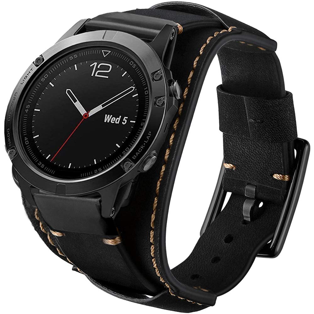 Leotop Leather Bands Compatible with Garmin Fenix 6X/6X Pro/5X/5X Plus/3/3 HR/Sapphire/D2/ Foretrek 601/701/Quatix 3/ Tactix Bravo Smartwatch,26mm Quick Fit Genuine Leather Cuff Band Strap (Black)