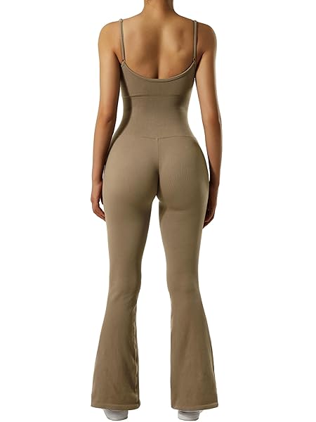 MOOSLOVER WOMEN RIBBED ONE PIECE FLARE JUMPSUITS SLEEVELESS SQUARE NECK TANK TOPS ROMPERS(XL,COFFEE)
