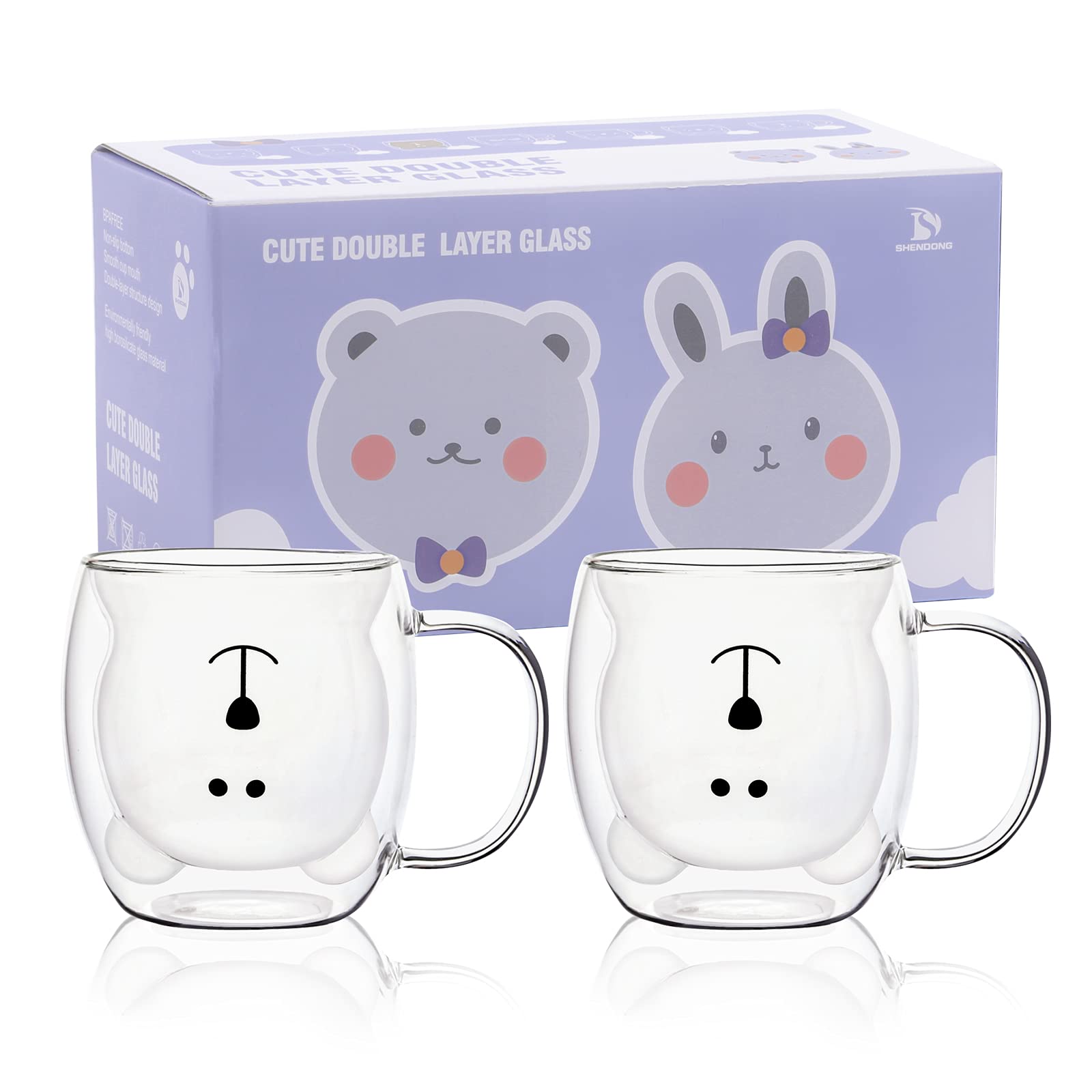 Photo 1 of SHENDONG Cute Bear Mugs Set of 2 Cute Cups Tea Coffee Cup with Handle 8.5oz Milk Cup Double Wall Insulated Glass Espresso Cups Glasses Gifts for Birthday Valentine's Day and Office (White Bear)