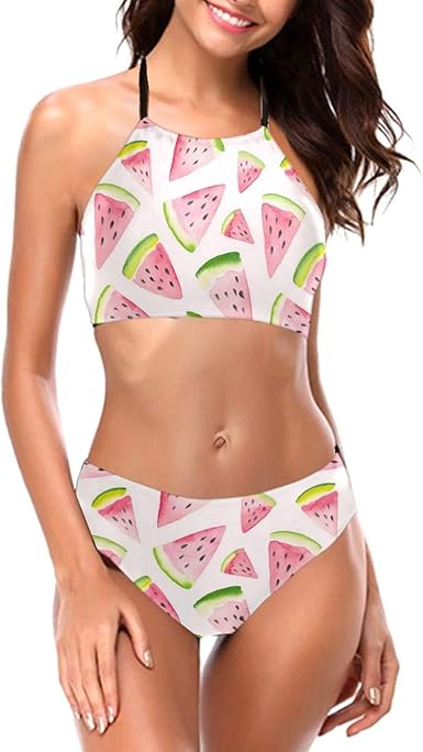 Pink Watercolor Watermelon Women's Bikini Set Halter Triangle Bikini ...