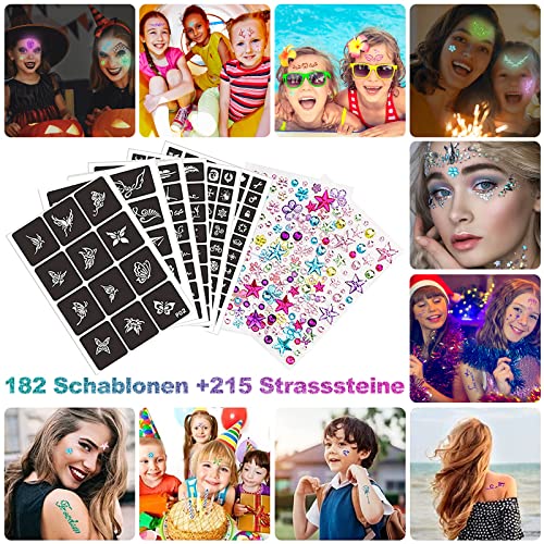 Glitter Tattoo Set Children, Temporary Glitter Tattoos Children's Set - Glitter Craft Set Girls 4 6 8 10 12 Years with 36 Colours, 182 Stencils, 215 Rhinestones, Craft Gifts for Birthday, Parties