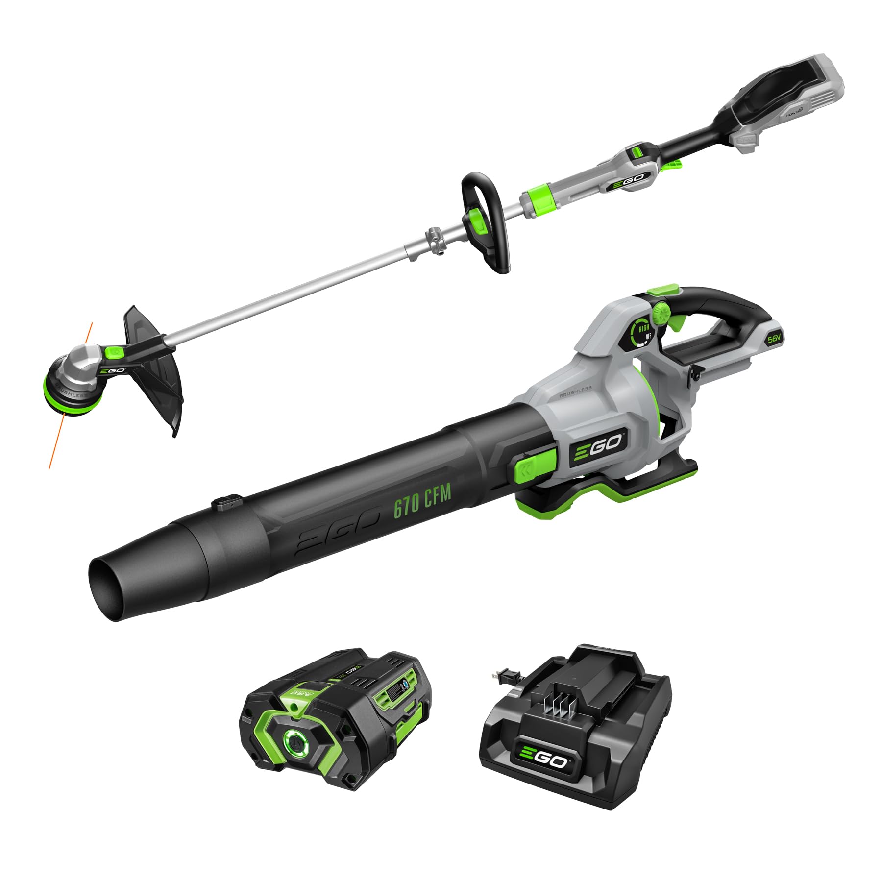 EGO POWER+ Combo, Cordless Trimmer and Blower, 15" Trimmer for Weeds and Grass with POWERLOAD and Cordless Electric 670 CFM Blower, Includes 56V 4.0Ah Battery and Charger - ST6703LB Image EGO POWER+ Combo, Cordless Trimmer and Blower, 15" Trimmer for Weeds and Grass with POWERLOAD and Cordless Electric 670 CFM Blower, Includes 56V 4.0Ah Battery and Charger - ST6703LB Image