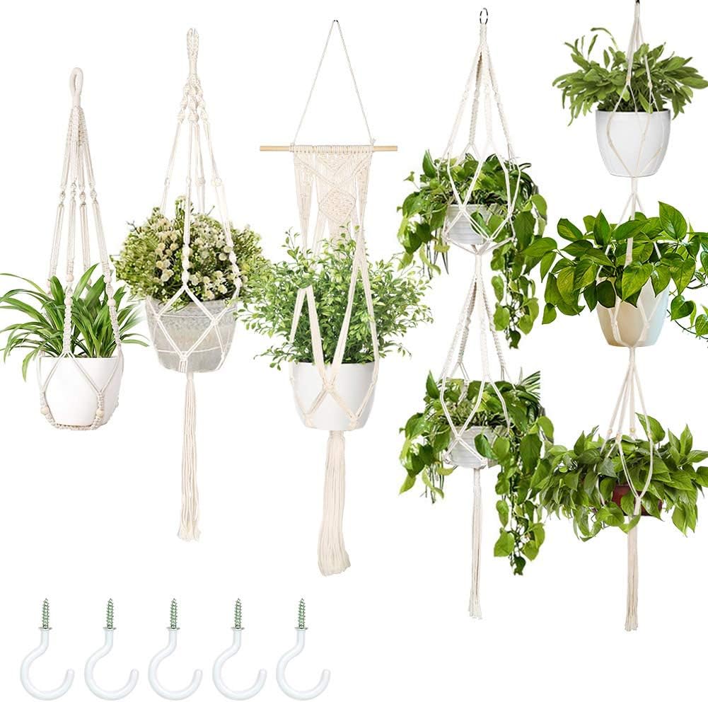 Aerwo 5 Pack Macrame Plant Hanger Indoor Wall Hanging Planter 5pcs Hooks Different Tiers Handmade Hanging Plant Holder Basket Stand Decorative Flower Pot Holder For Indoor Outdoor Boho Home Decor Pots Planters