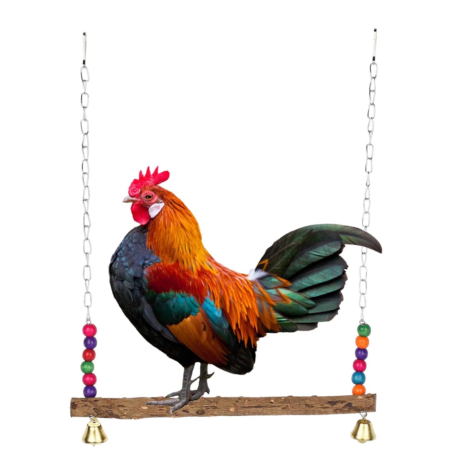 MFUOE Chicken Swing Natural Wood Hanging Swing Toys Chicken Coop Accessories with Bell for Hen Parrot Macaw