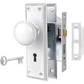 newliplace Mortise Lock Set for Interior Door, White Finish | Vintage Door Knobs with Lock and Skeleton Key Replacement Old Style Door, Antique Door, 2-3/8" Backset