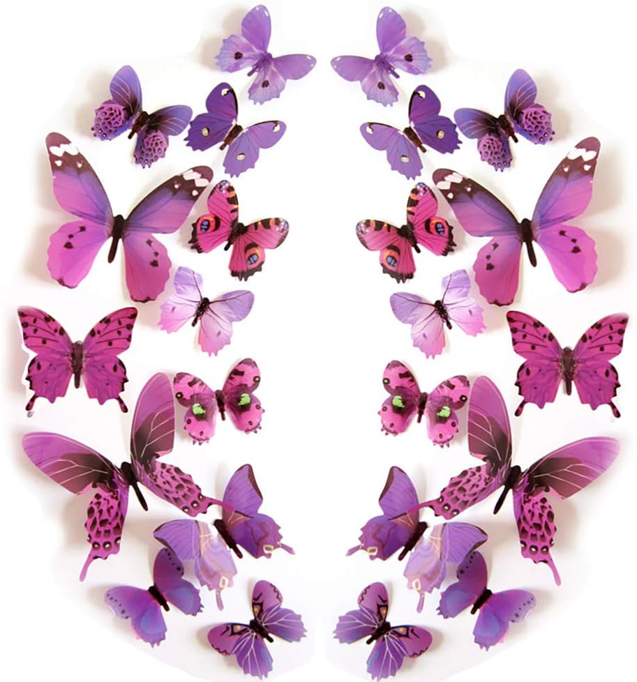 24PCS 3D Butterfly Wall Decal Removable Stickers Decor for Kids Room Decoration Home and Bedroom Art Mural Purple