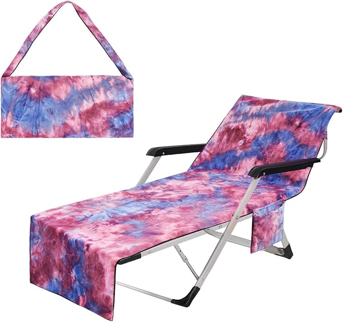 Purple Tie Dye Beach Chair Towel with Side Pockets, Microfiber Colorful