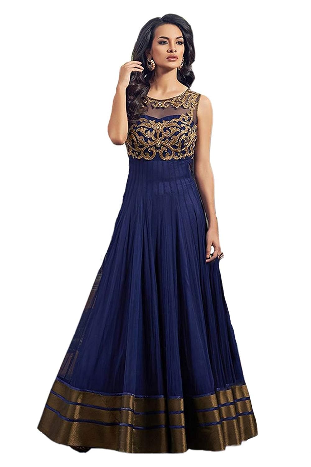 pramukh fashion women's net gown with jacket (coper blue)