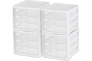 Sterilite 4-Pack 3 Drawer Unit, Plastic Desktop Organizer with Clear Drawers, White Frame - Stackable Multi-Purpose Storage for Office Supplies, Craft Rooms, Classrooms and Home Organization
